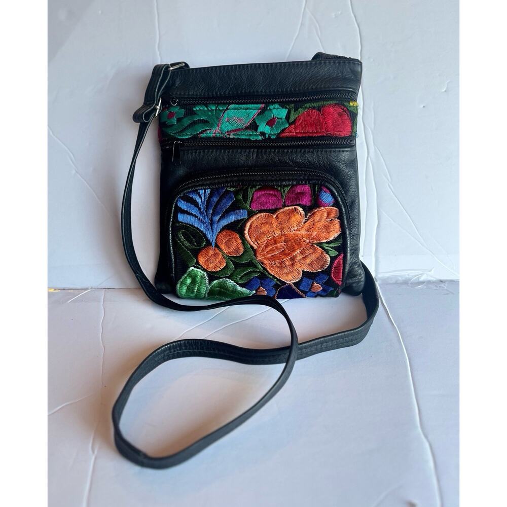 Mexican Handmade Leather Embroidered Flowers Black Bag Lined Double Zip